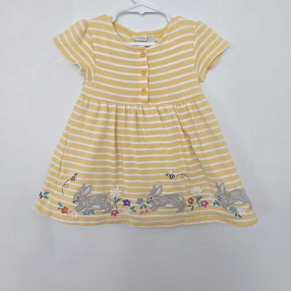 JoJo Maman Bebe Baby Dress 18-24 m Yellow White Stripe Bunny Embroidery Easter - Picture 1 of 6